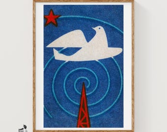 May include: A framed print featuring a white dove in flight against a textured dark blue background. A red star is positioned in the upper left corner, while a red triangular tower sits at the bottom, surrounded by light blue spiral lines.