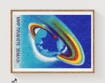 Earth with Rainbow Rings Matchbox Art Print, Russian Vintage Propaganda (Living Room Decor)