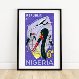 Saddle Bill Stork - Vintage Nigeria Kunst - Briefmarke Druck - Ästhetische Wandkunst - Briefmarke Wandposter - Vintage Afrikanische Kunst