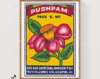 Red Flower Mid-Century Matchbox Label - Vintage Art Print | Folk Art