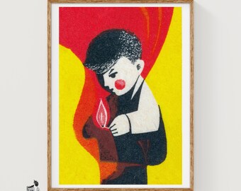 Boy with Match Matchbox Art Print, Czechoslovakian Vintage Folk Art (Red Decor)