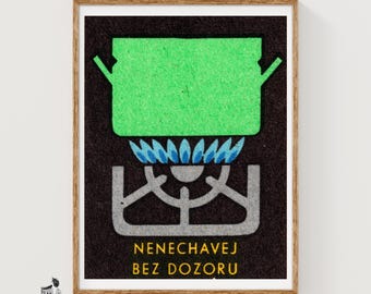 Grön gryta på gasspis, konsttryck med matchbox, tjeckisk vintagemodernist (köksdekor)