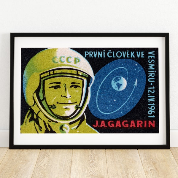Yuri Gagarin Cosmonaut 1961 Soviet - Matchbox Print - Czech Wall Art - Vintage Czech Art - Matchbox Wall Poster - Vintage Poster Print