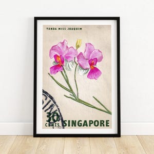 Flor rosa y blanca - Singapur - Impresión de sello postal - Arte mural estético - Póster de sello postal - Impresión de póster vintage