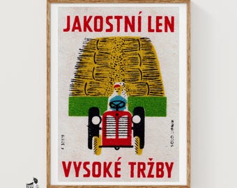 Red Tractor Czechoslovakia Mid-Century Matchbox Label - Vintage Art Print | Folk Art