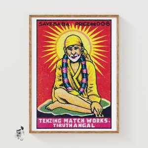 Sai Baba Yogi - Matchbox Print - India Wall Art - Vintage India Art - Matchbox Wall Poster - Vintage Poster Print