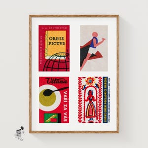 Röda tjeckoslovakiska tändsticksasketiketter rutnätstryck, vintage efemeraposter, Centraleuropakollektionen, 50-talsstil, karmosinröd väggkonst