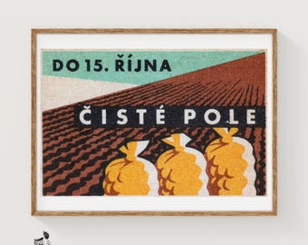 Harvested Potatoes in Sack: Vintage Czech Matchbox Label Print