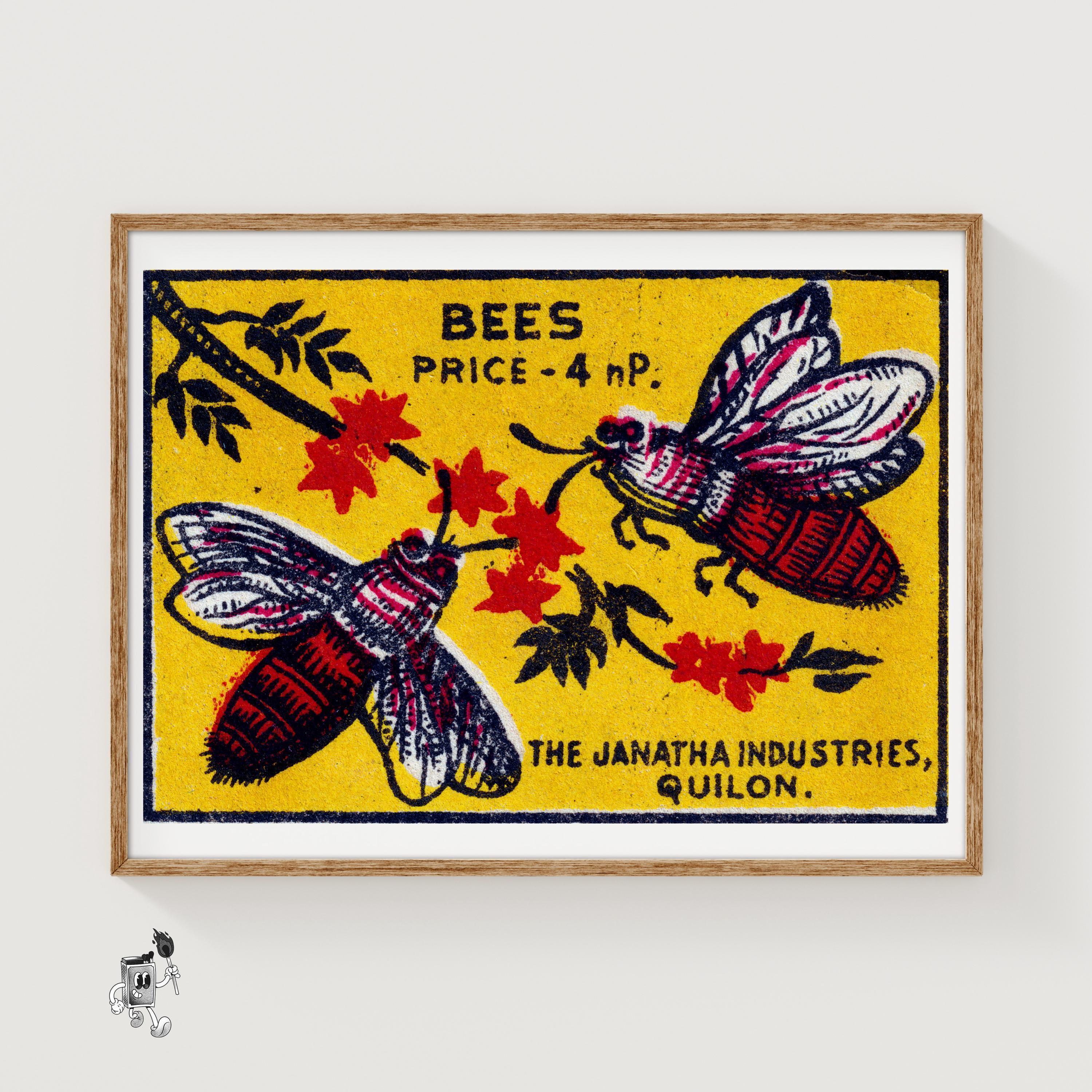 Two Bees Matchbox Art Print, Indian Vintage Folk Art (playful