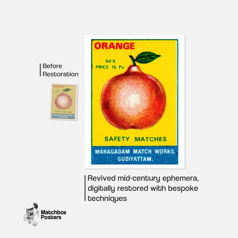 Orange with Leaf Matchbox Art Print, Indian Vintage Folk Art (Kitchen Decor) image 3