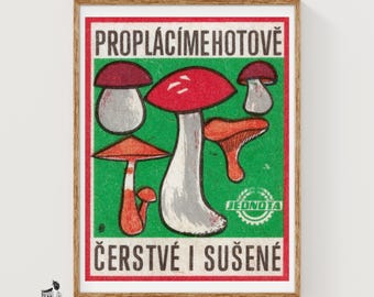 Mushrooms Matchbox Art Print, Czechoslovakian Vintage Folk Art (Kitchen Decor)