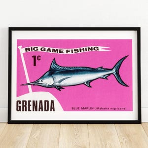 Blue Marlin - Vintage Grenada Kunst - Briefmarke Druck - Ästhetische Wandkunst - Briefmarke Wand Poster - Vintage Afrikanische Kunst
