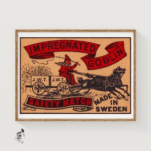 Kobold reitende Streichholzschachtel Art Print, schwedische Vintage Volkskunst (spielerische Dekoration)
