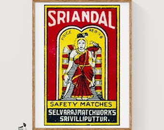 Ilustración de una mujer en una etiqueta de caja de cerillas de mediados de siglo de la India - Lámina artística vintage / Arte popular