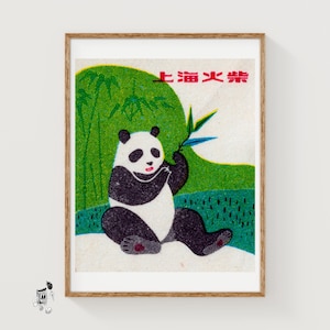 Panda Eating Bamboo - Matchbox Print - Aesthetic Wall Art - Vintage China Art - Matchbox Wall Poster - Vintage Poster Print
