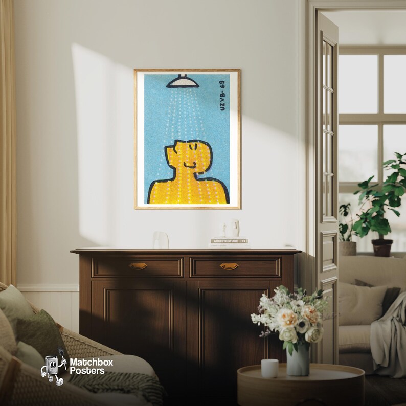Mężczyzna pod prysznicem – czeski plakat vintage z pudełka zapałek, wydruk na pudełku zapałek, wydruk artystyczny, dekoracja łazienki, sztuka ścienna, plakat do łazienki zdjęcie 8