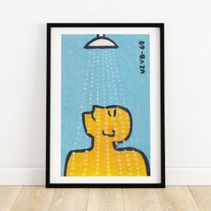 Man Under Shower - Czech Vintage Matchbox Poster, Matchbox Print, Art Print, Bathroom Decor, Wall Art, Bathroom Poster