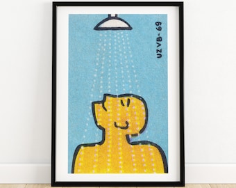 Man Under Shower - Czech Vintage Matchbox Poster, Matchbox Print, Art Print, Bathroom Decor, Wall Art, Bathroom Poster