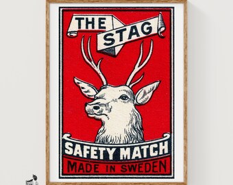 Hjorten - Tändsticksaskstavla - Estetisk väggkonst - Vintage svensk konst - Tändsticksask-väggposter - Vintage postertryck
