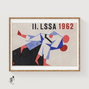 Stampa artistica su scatola di fiammiferi con proiezione di judo, stile costruttivista ungherese vintage (decorazione sportiva)