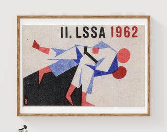 Rzut Judo – Druk na pudełku zapałek – Czeska sztuka ścienna – Czeska sztuka vintage – Plakat na pudełko zapałek – Plakat vintage