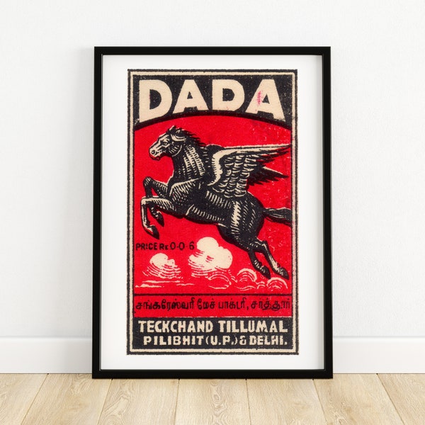 Dada geflügeltes Pferd - Streichholzschachtel Druck A4 Größe - Indien Wandkunst - Vintage Indien Kunst - Streichholzschachtel Wandposter - Vintage Poster Druck