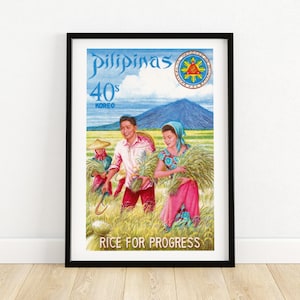 Cultivo de arroz - Arte filipino vintage - Impresión de sello postal - Arte mural estético - Póster de sello postal - Impresión de póster vintage