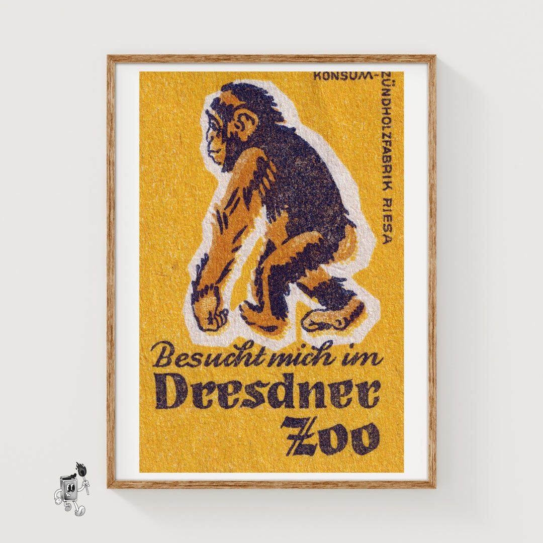 Chimpanzee Matchbox Art Print, German Vintage Folk Art (playful