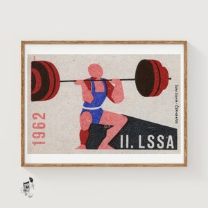 Weightlifter Squatting - Matchbox Print - Czech Wall Art - Vintage Czech Art - Matchbox Wall Poster - Vintage Poster Print