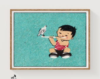 May include: A framed print on a textured teal background featuring a cartoon illustration of a child with black hair wearing a red and white striped shirt and black shorts, sitting while playing a white flute for a small white bird perched nearby.