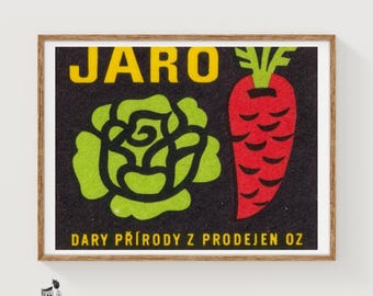 May include: A rectangular print featuring a black background with the yellow text JARO at the top and DARY PŘÍRODY Z PRODEJEN OZ at the bottom. A stylized green cabbage and a red carrot with green leaves are centered between the text lines.