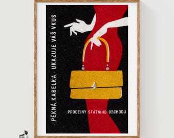 Konsttryck med kvinna med gul handväska, Matchbox, tjeckisk vintagedekor från mitten av århundradet (kontorsdekor)