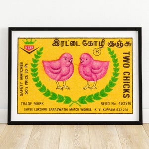 Two Pink Birds - Matchbox Print A4 Size - India Wall Art - Vintage India Art - Matchbox Wall Poster - Vintage Poster Print