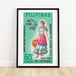 Frau im roten Kleid - Vintage Philippinische Kunst - Briefmarke Druck - Ästhetische Wandkunst - Briefmarke Wandposter - Vintage Poster Druck