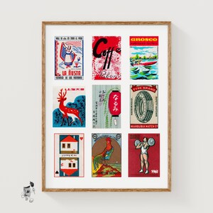 Red Matchbox Labels Grid Print, Vintage Ephemera Poster, International Collection, Midcentury Style, burgundy decor