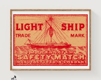 Red Light Ship - Matchbox Print - Sweden Wall Art - Vintage Sweden Art - Matchbox Wall Poster - Vintage Poster Print