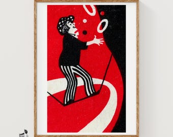 Clown Juggling Rings Matchbox Art Print, Russian Vintage Mid Century (Playful Decor)