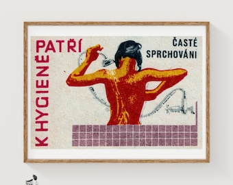 Kvinna som duschar - Matchbox-tryck - Estetisk väggkonst - Vintage tjeckisk konst - Matchbox-väggposter - Vintage-affischtryck