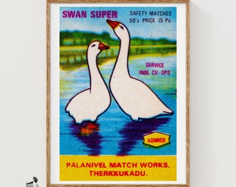 May include: A vintage matchbox label print featuring two white geese on blue water. Text reads: SWAN SUPER SAFETY MATCHES, 50's PRICE 15 Ps., SERVICE INDL CO-OPS, ASMICO, PALANIVEL MATCH WORKS, THERKKUKADU. The design includes a yellow hexagon emblem.