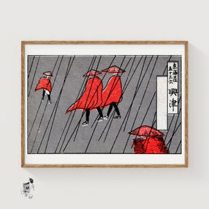 Red Raincoats in Japan - Matchbox Print - Aesthetic Wall Art - Vintage Japan Art - Matchbox Wall Poster - Vintage Poster Print
