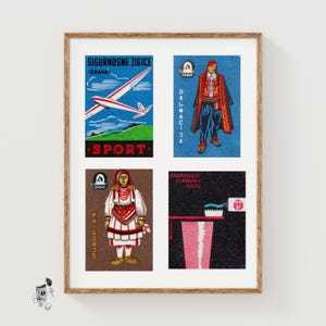 Red Croatian Matchbox Labels Grid Print, Vintage Ephemera Poster, Central Europe Collection, Midcentury Style, crimson wall art