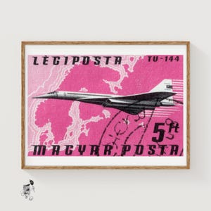 Impressão artística em caixa de fósforos do avião TU-144, estilo modernista vintage húngaro (decoração industrial)