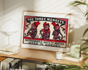 Three Monkeys Matchbox Art Print, Swedish Vintage Folk Art