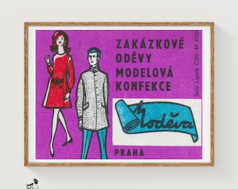 May include: A rectangular print on a purple background featuring a line drawing of a person in a red dress and a person in a light-colored jacket and blue trousers. Text reads ZAKÁZKOVÉ ODĚVY MODELOVÁ KONFEKCE, Moděva, PRAHA, and Solo Lipnik CSN-49 4705.