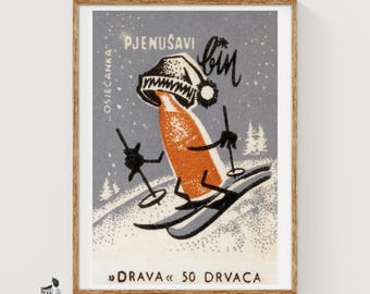 Skiing Beer - Matchbox Print - Aesthetic Wall Art - Vintage Eastern Europe Art - Matchbox Wall Poster - Vintage Poster Print