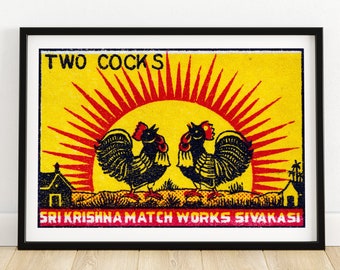 Two Roosters - Matchbox Print - Aesthetic Wall Art - Vintage India Art - Matchbox Wall Poster - Vintage Poster Print