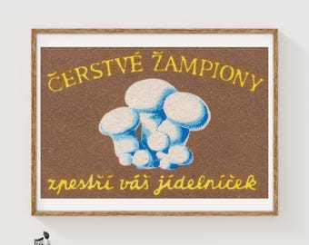 Mushrooms Matchbox Art Print, Czech Vintage Folk Art (Kitchen Decor)