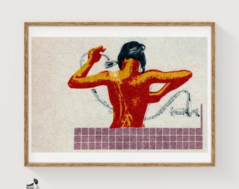 Woman Showering Matchbox Art Print, Czech Vintage Modernist (Bathroom Decor)