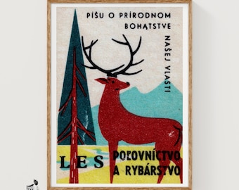 Hjort i skogen - Tändsticksasktryck - Tjeckisk väggkonst - Vintage tjeckisk konst - Tändsticksaskväggposter - Vintagepostertryck