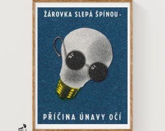 Light Bulb with Sunglasses Matchbox Art Print, Czech Vintage Propaganda (Industrial Decor)